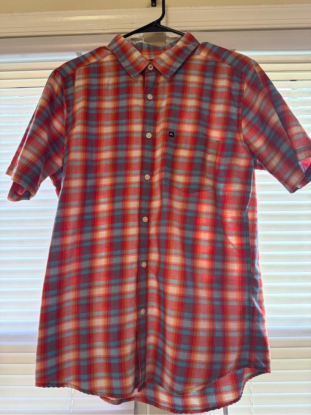 Quiksilver Red, Blue & White Plaid Short-Sleeve Button-Down Shirt
